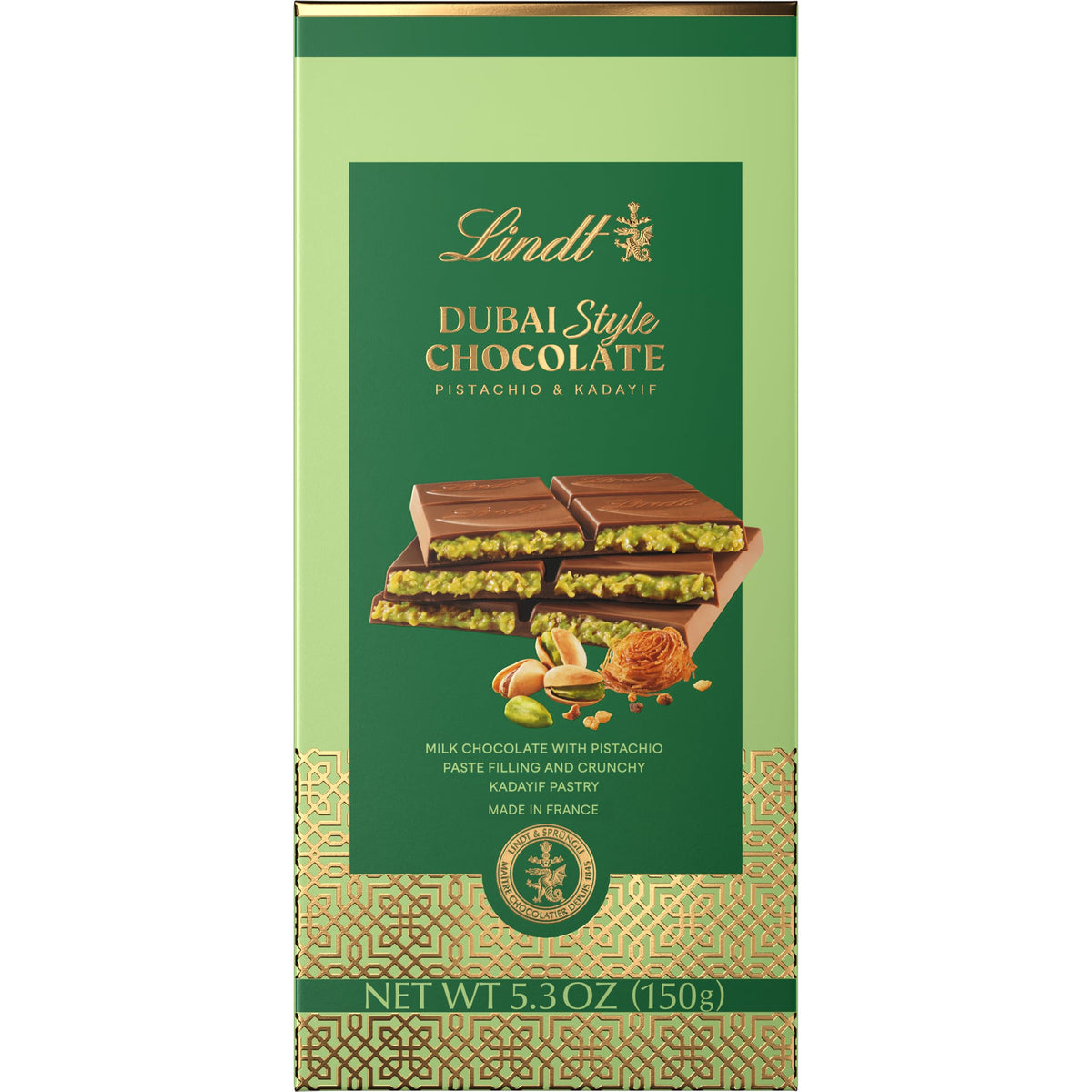 Lindt Dubai Style Milk Chocolate Candy with Pistachio & Kadayif, 5.3 oz. Bar