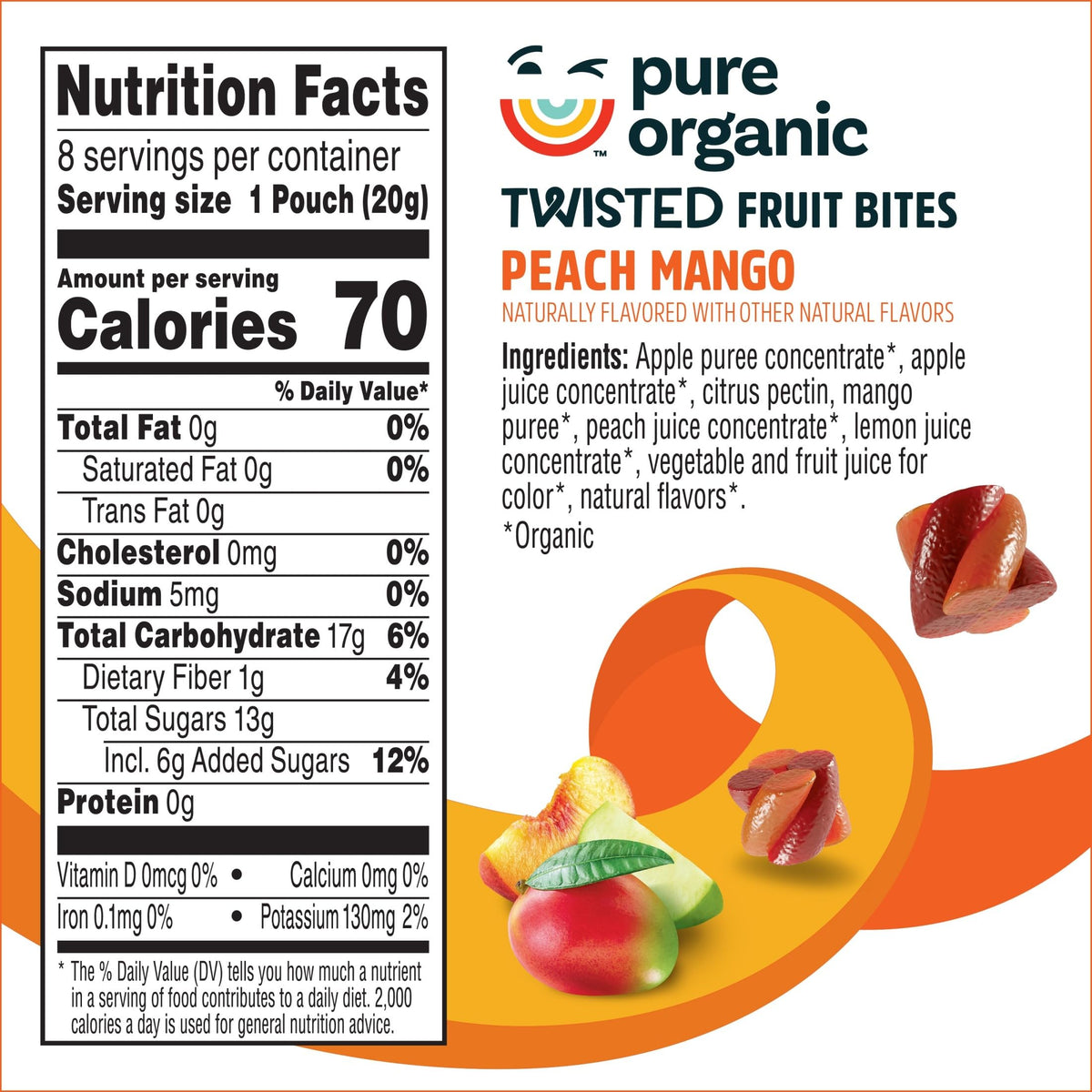 Pure Organic Twisted Fruit Bites, Kids Snacks, Fruit Snacks, Peach Mango, 5.6oz Box (8 Pouches)