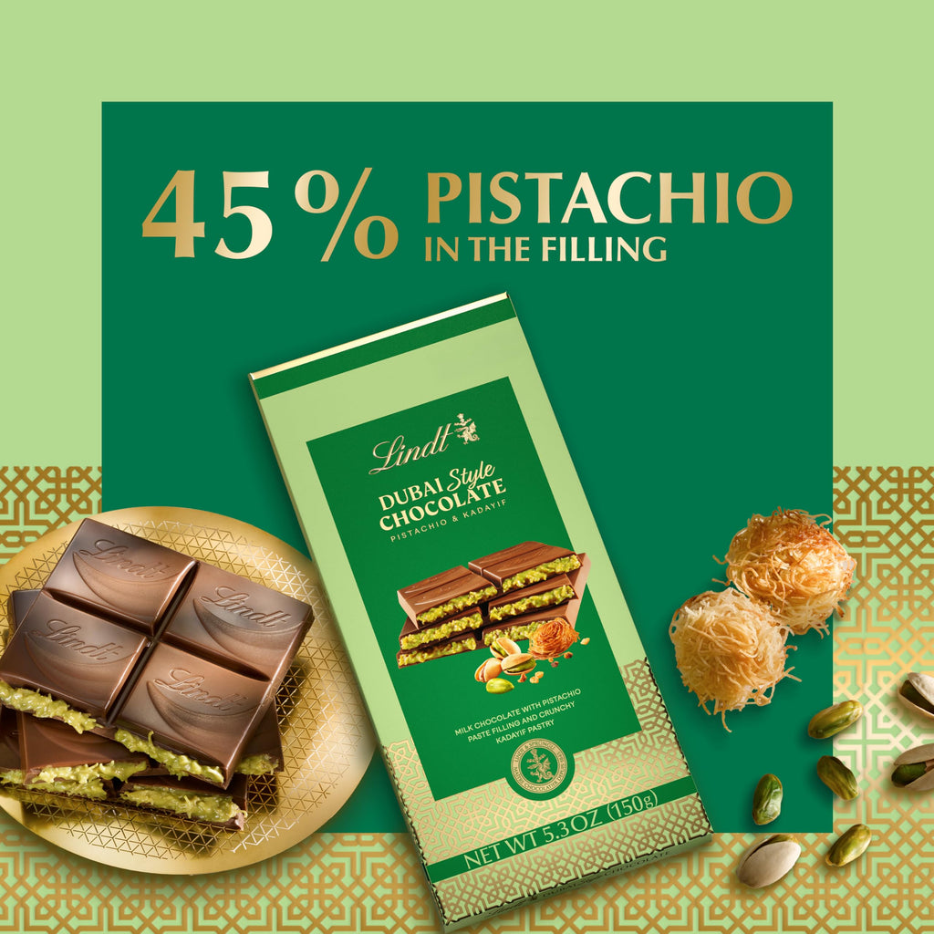 Lindt Dubai Style Milk Chocolate Candy with Pistachio & Kadayif, 5.3 oz. Bar
