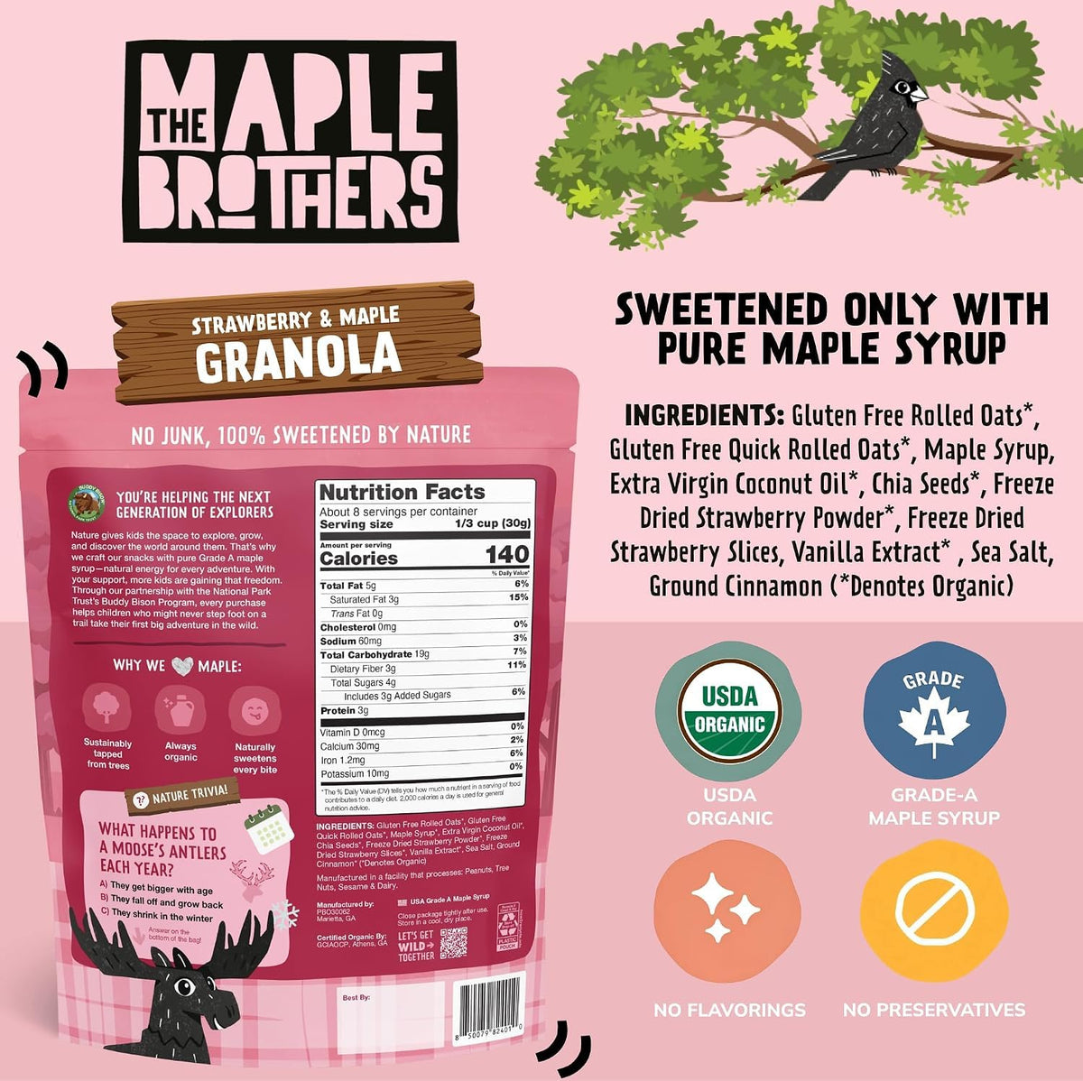 The Maple Brothers Granola – Organic, Vegan, Non-GMO, Whole-Grain Oats with Real Strawberries & Grade A Maple Syrup – Healthy Breakfast & Snack, 8 oz Resealable Bag