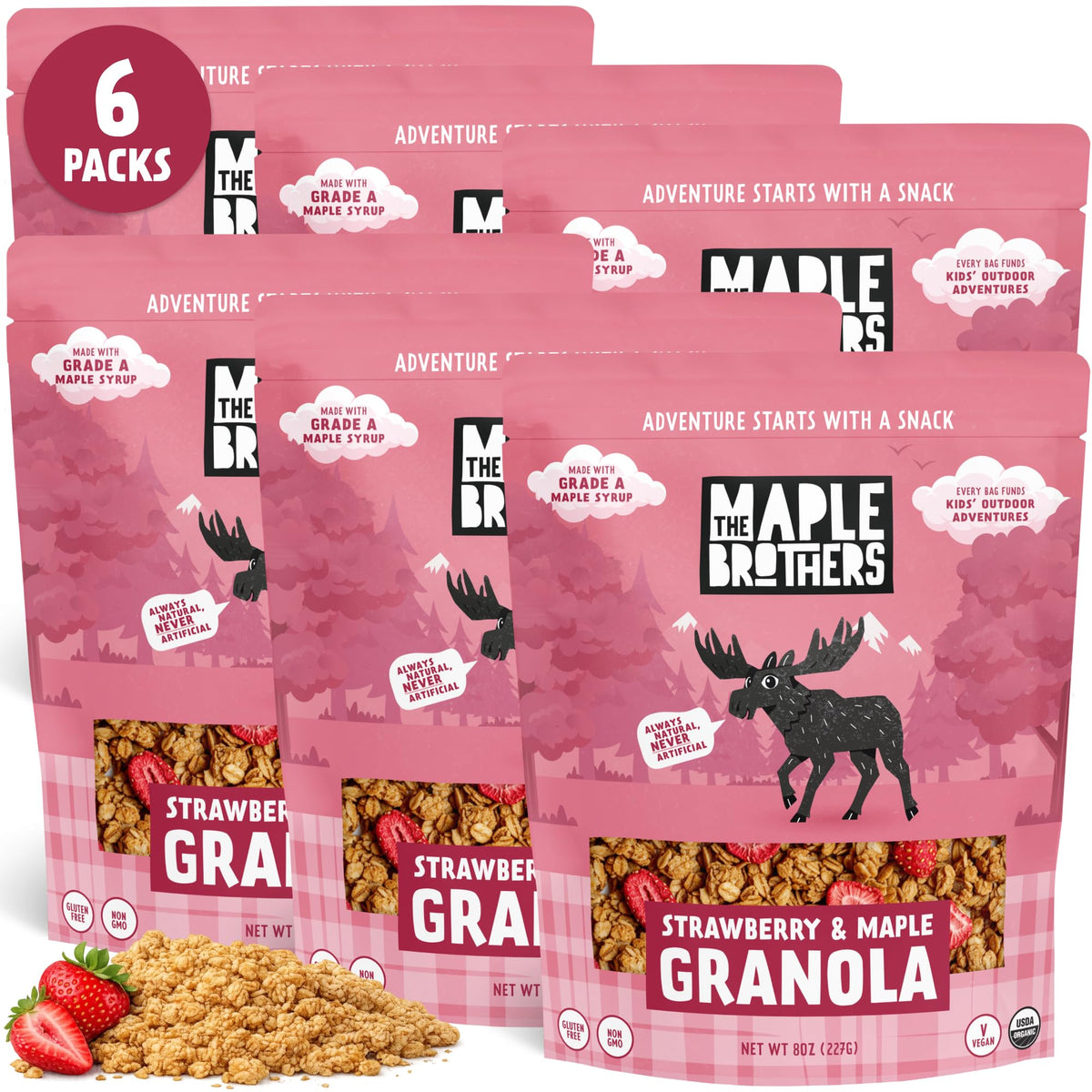 The Maple Brothers Granola – Organic, Vegan, Non-GMO, Whole-Grain Oats with Real Strawberries & Grade A Maple Syrup – Healthy Breakfast & Snack, 8 oz Resealable Bag