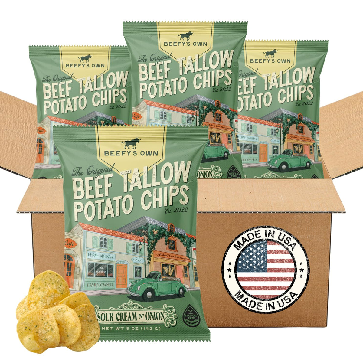 Beefy’s Own Beef Tallow Potato Chips - Kettle Chips Made Without Seed Oils, Gluten Free, Crispy, and Thick Cut - Old-Fashioned Small Batch Fried in Beef Tallow