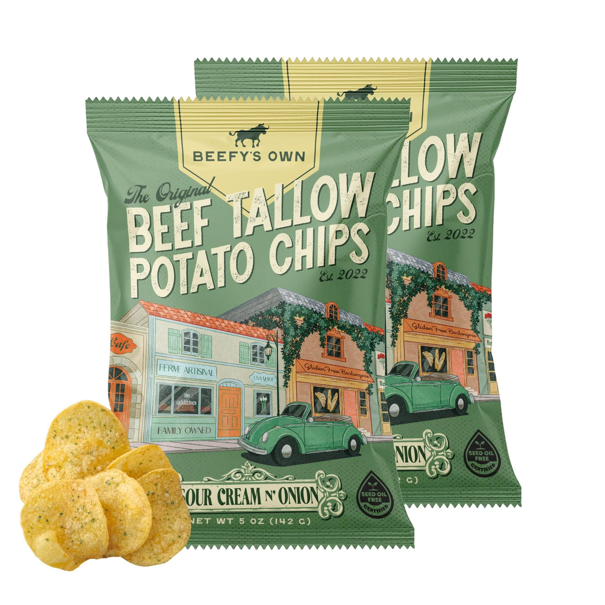 Beefy’s Own Beef Tallow Potato Chips - Kettle Chips Made Without Seed Oils, Gluten Free, Crispy, and Thick Cut - Old-Fashioned Small Batch Fried in Beef Tallow