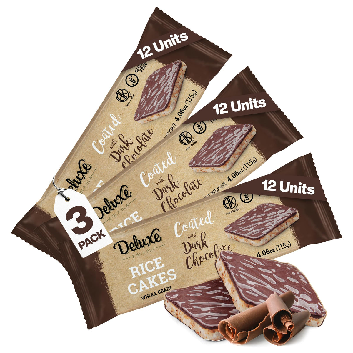 Deluxe & Bla Bla Dark Chocolate Rice Cakes,Kosher Certified Dairy Free,Gluten Free,Nuts Free,Vegan Snack (Dark Chocolate) Pack Of 3