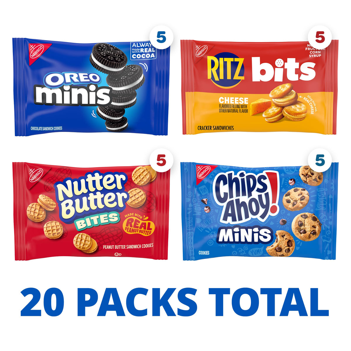 Nabisco Classic Mix Variety Pack, OREO Mini, CHIPS AHOY! Mini, Nutter Butter Bites, RITZ Bits Cheese, 20 Snack Packs