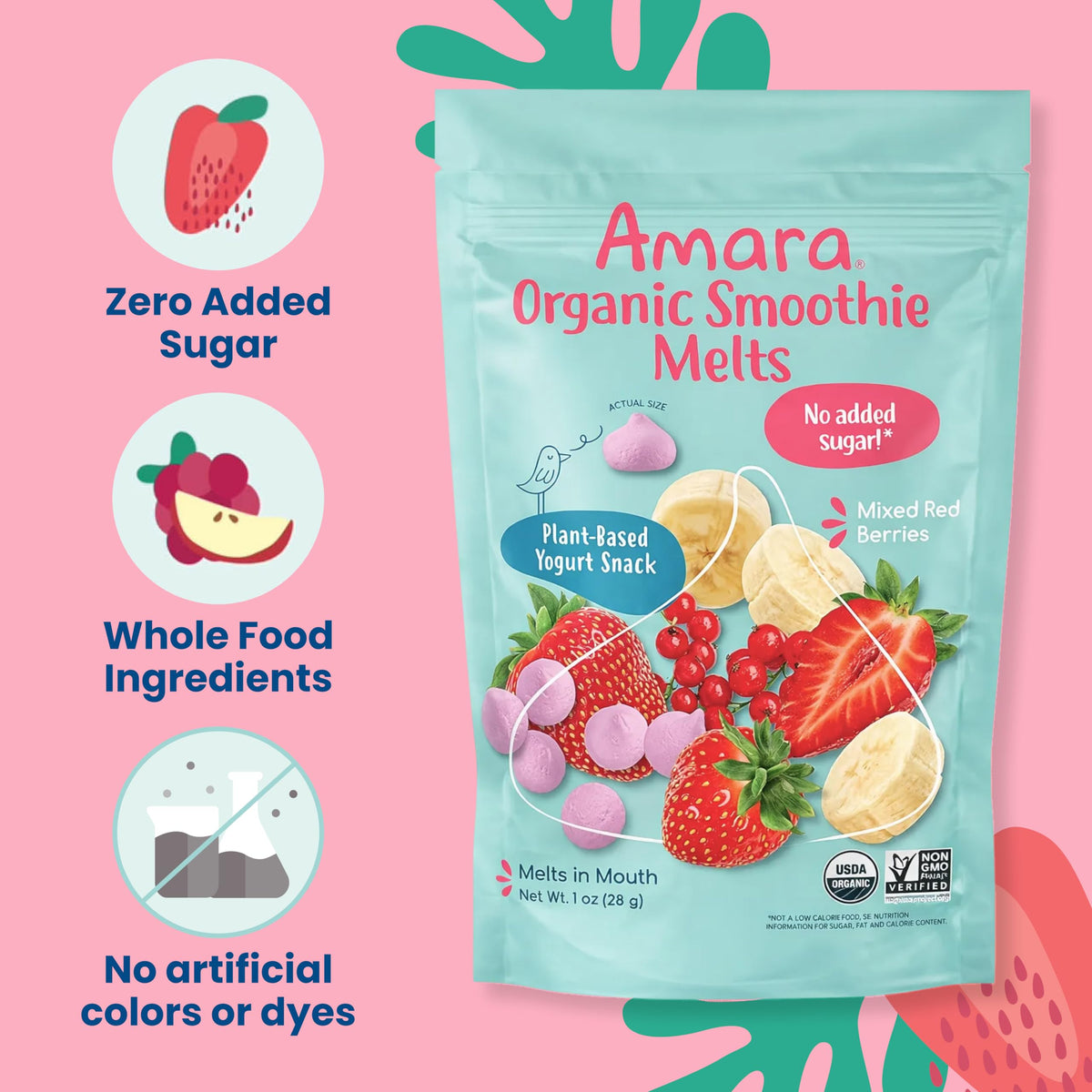 Amara Organic Toddler Snacks 3-Pack: Berry Smoothie Melts, Strawberry Bites & Oat Melts, No Added Sugar, Two 6- Packs & One 12 Pack