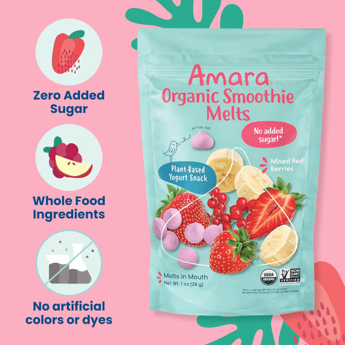 Amara Organic Toddler Snacks 3-Pack: Berry Smoothie Melts, Strawberry Bites & Oat Melts, No Added Sugar, Two 6- Packs & One 12 Pack