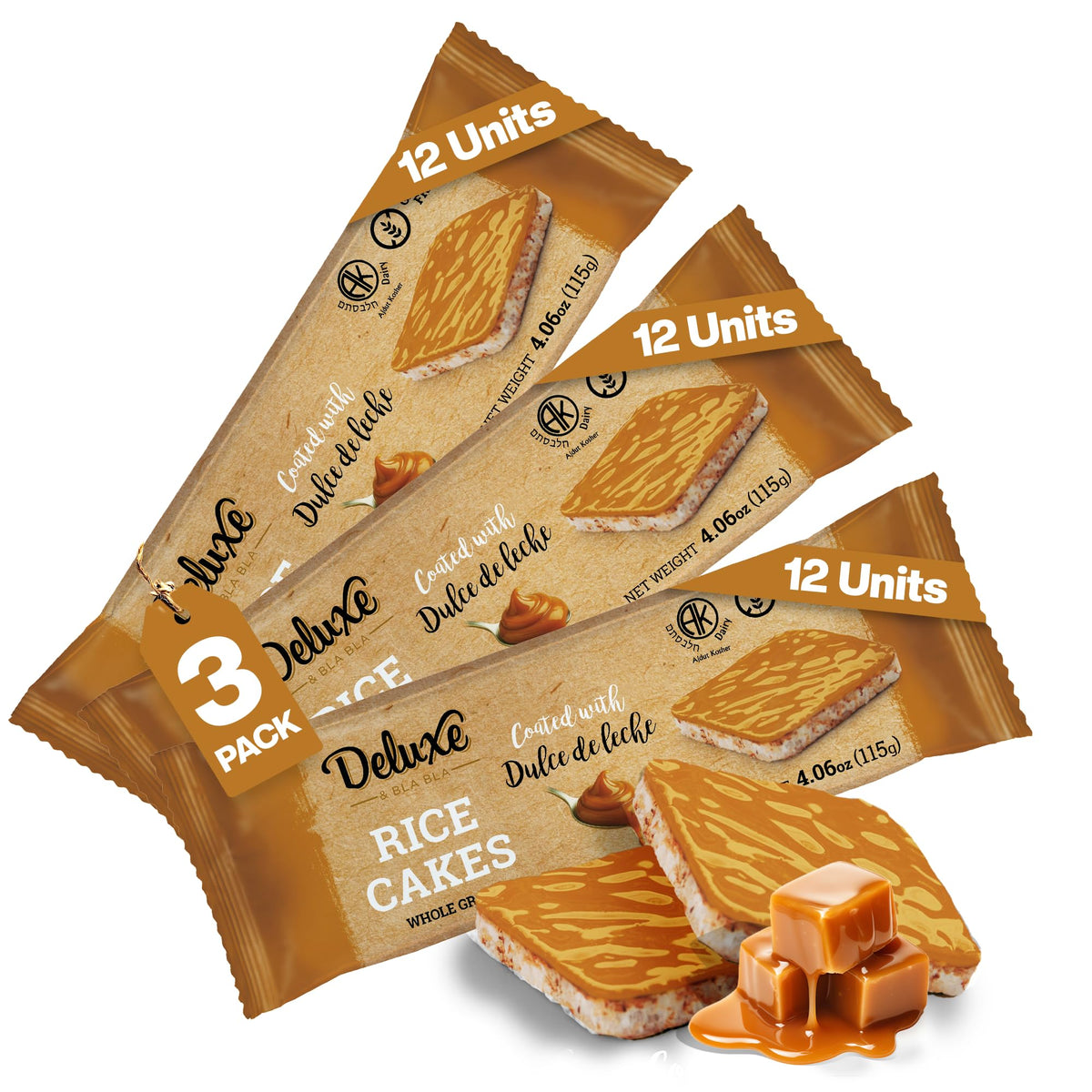 Deluxe & Bla Bla Dark Chocolate Rice Cakes,Kosher Certified Dairy Free,Gluten Free,Nuts Free,Vegan Snack (Dark Chocolate) Pack Of 3