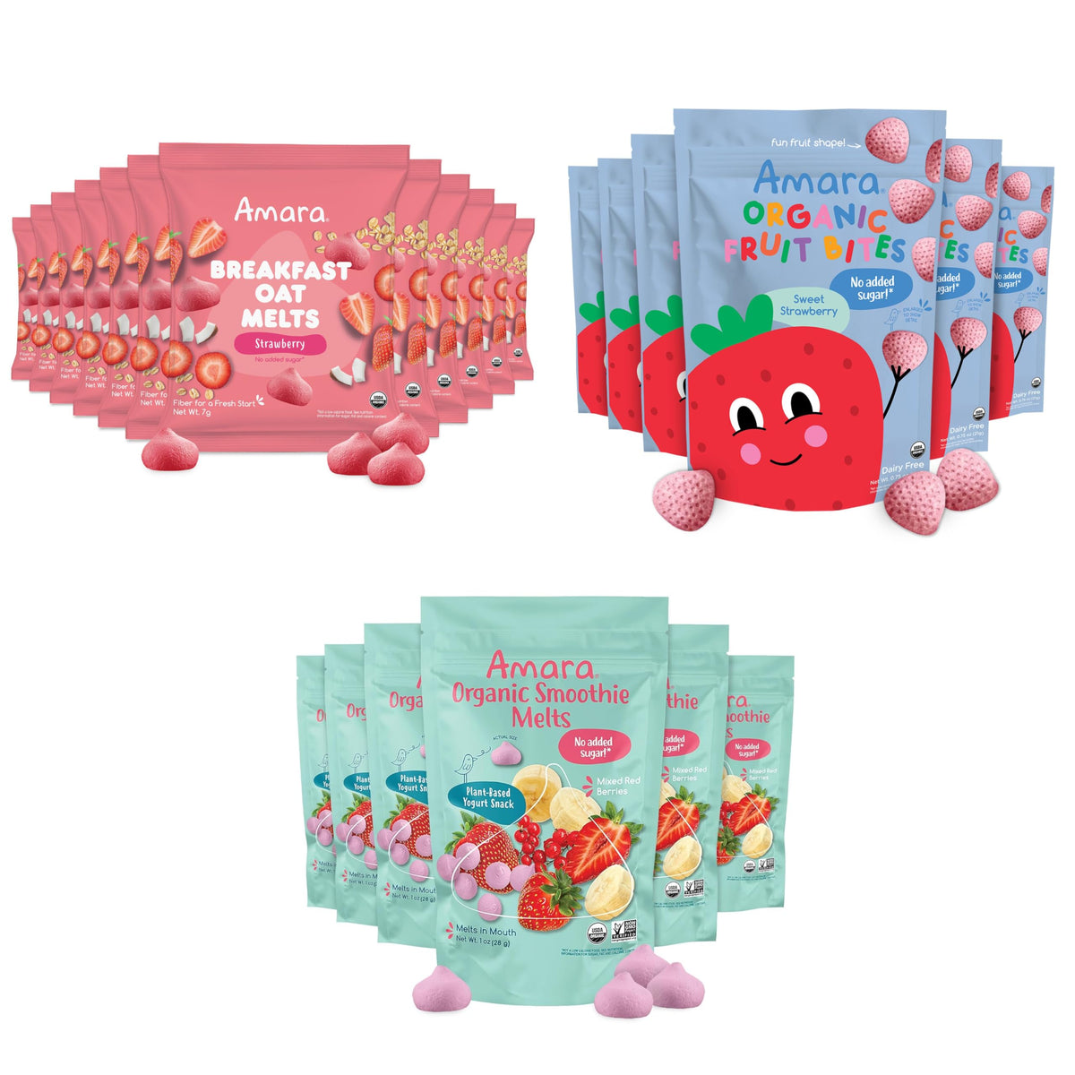 Amara Organic Toddler Snacks 3-Pack: Berry Smoothie Melts, Strawberry Bites & Oat Melts, No Added Sugar, Two 6- Packs & One 12 Pack