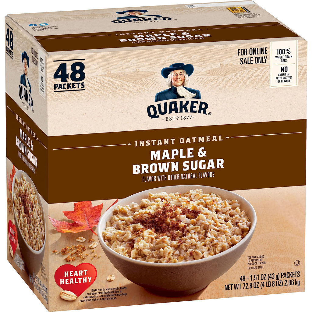 Quaker Instant Oatmeal Maple Brown Sugar, Breakfast Cereal, 48 Packets (Packaging Will Vary)